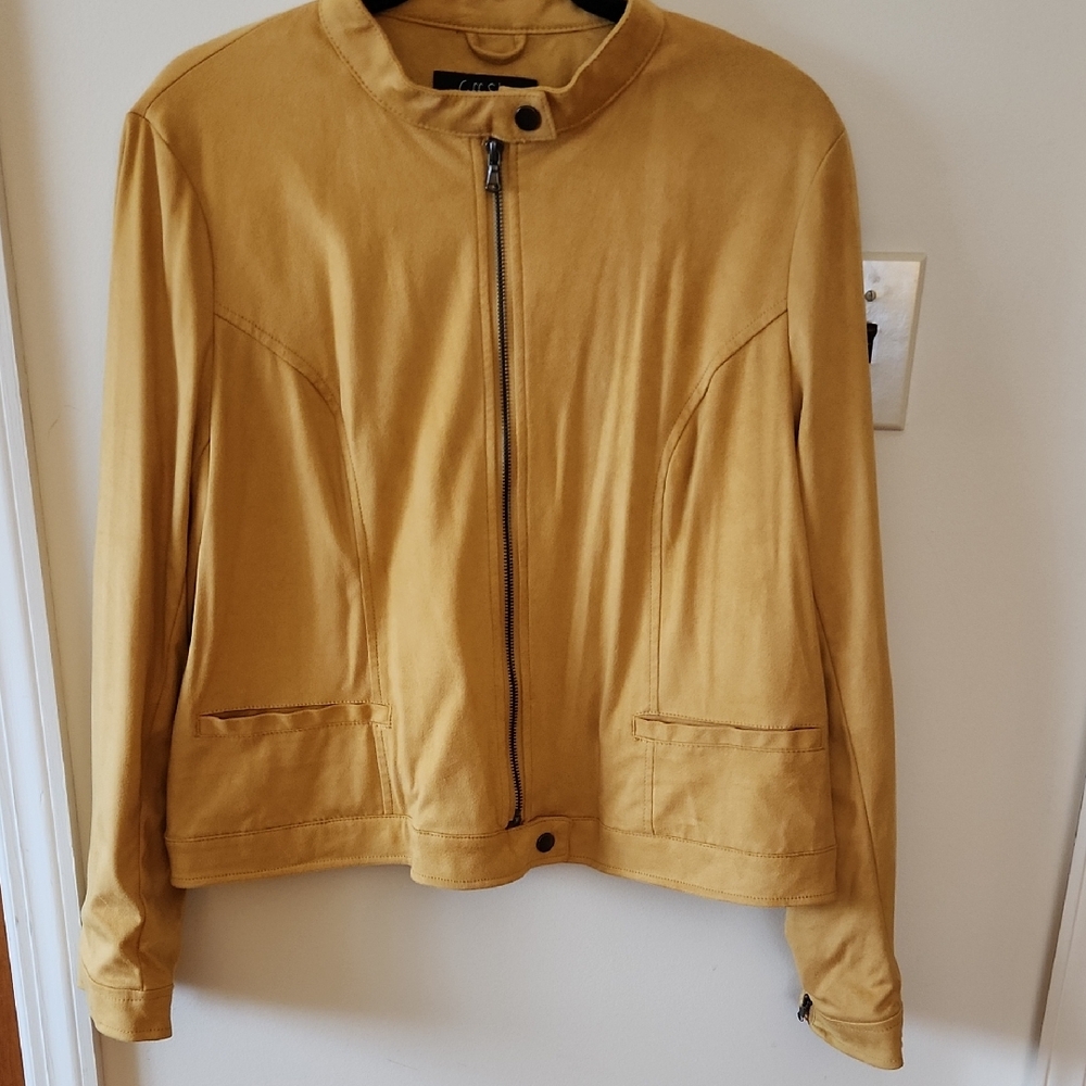 Coffee Shop Women's Biker Jacket Yellow Faux Suede, XL Stand-Up Collar